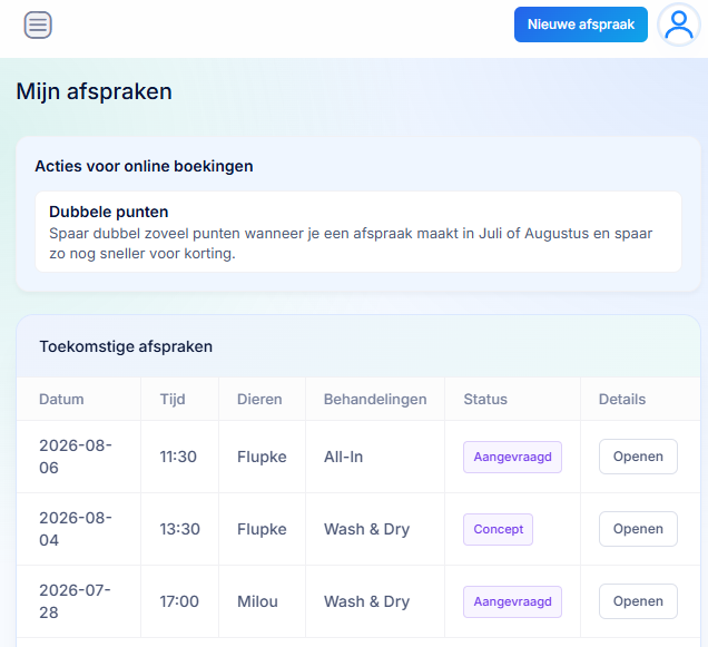 Planimal customer portal with appointment overview